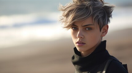 An androgynous woman with short hair on a sandy beach. High quality photo : Generative AI - obrazy, fototapety, plakaty