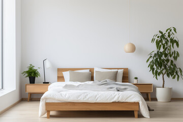 serenity of a Scandinavian-inspired bedroom adorned with light wood furniture, pristine white walls, and a snug bed dressed in soothing neutral bedding. The space is tastefully adorned with minimalist