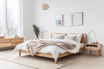 serenity of a Scandinavian-inspired bedroom adorned with light wood furniture, pristine white...