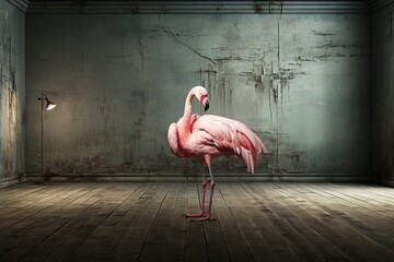 A beautiful pink flamingo standing in and old empty room. Surreal contrast concept. Generative AI