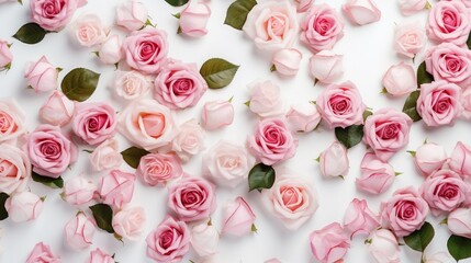 Floral pattern made of pink and beige roses, green leaves, branches on white background. Flat lay, top view. Valentine's background. Floral pattern. Pattern of flowers. Flowers pattern : Generative AI
