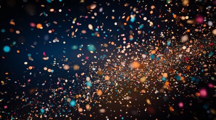 Thousands of confetti fired on air during a festival at night. Image ideal for backgrounds. Multicolor are the confetti in the picture. The sky as background is black. Cold tonality : Generative AI - obrazy, fototapety, plakaty