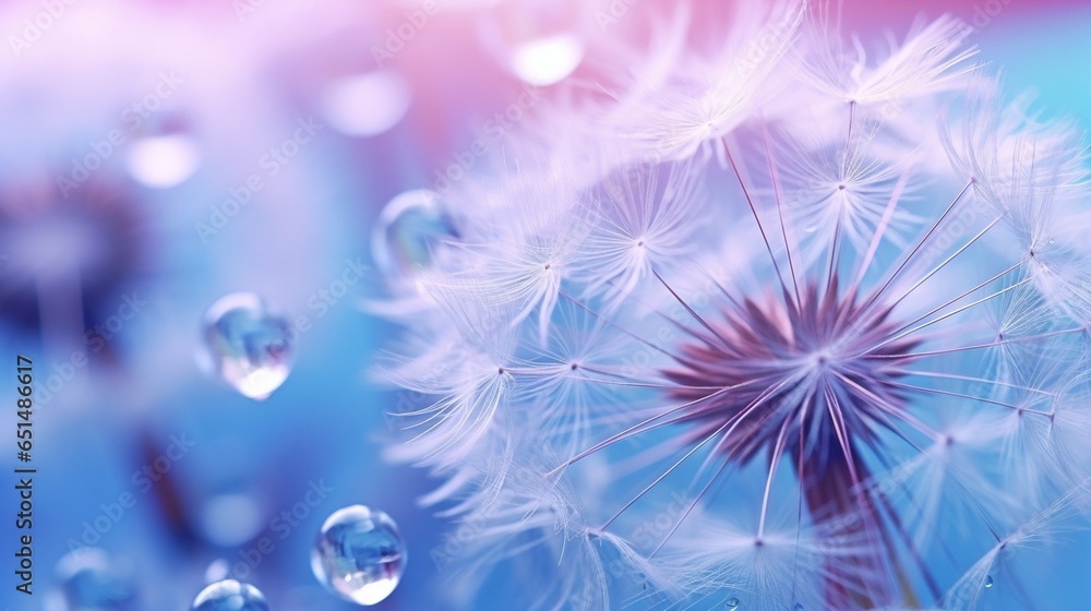 Poster Beautiful dew drops on a dandelion seed macro. Beautiful soft light blue and violet background. Water drops on a parachutes dandelion on a beautiful blue. Soft dreamy tender artistic i : Generative AI