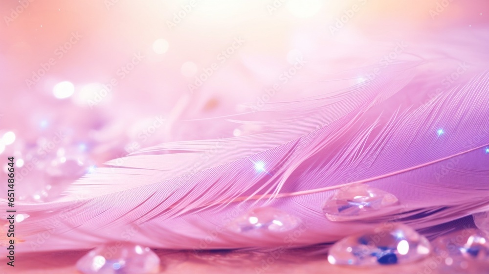 Fototapete Feather pink bird with sparkles and transparent drop of dew water sparkles in the rays of bright light close-up macro. Glamorous sophisticated airy artistic image on a soft blurred bac : Generative AI