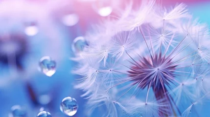 Foto op Canvas Beautiful dew drops on a dandelion seed macro. Beautiful soft light blue and violet background. Water drops on a parachutes dandelion on a beautiful blue. Soft dreamy tender artistic i : Generative AI © Generative AI