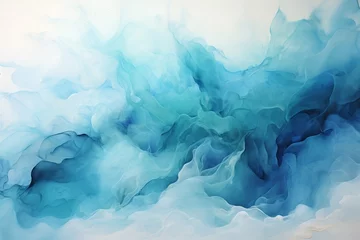 Zelfklevend Fotobehang Abstract art background navy blue colors. Watercolor painting on canvas with turquoise pattern of sea waves. Fragment of artwork on paper with wavy line and gradient. : Generative AI © Generative AI
