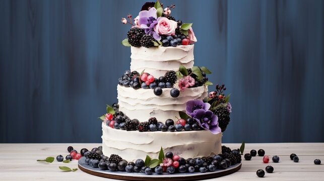 Cut wedding cake decorated with flowers, blueberry and blackberry : Generative AI