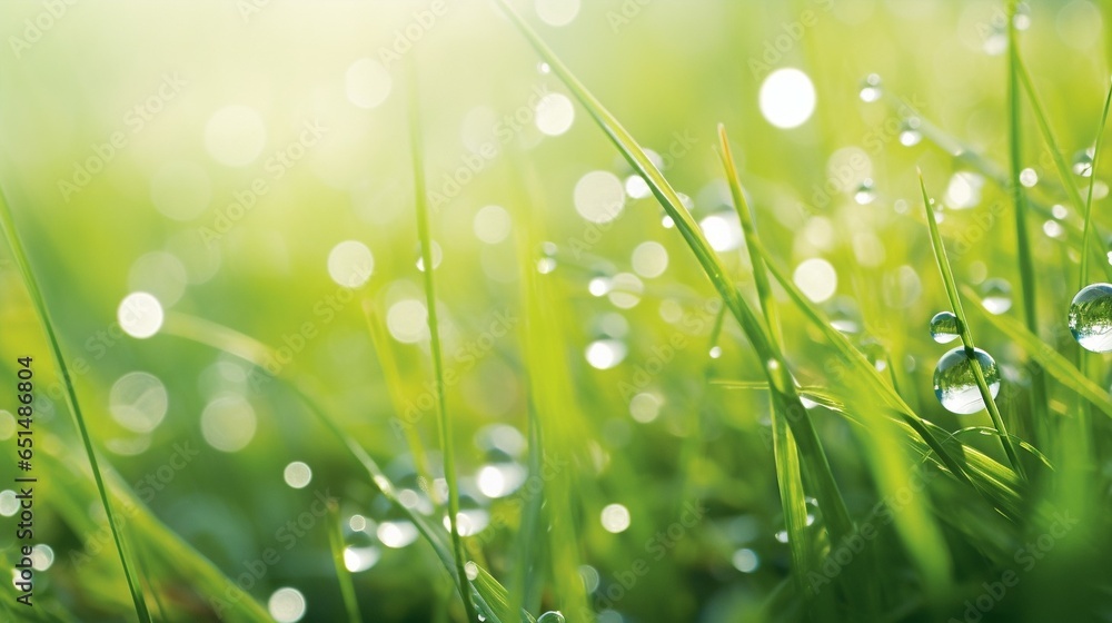 Poster beautiful large drops of fresh morning dew macro in nature. drops transparent water on grass. spring
