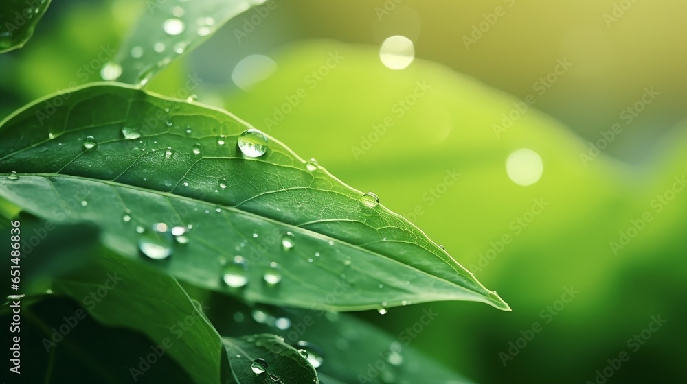 Poster Drop water dew in the sunlight on leaf macro closeup on a green background. Spring summer template background for design : Generative AI