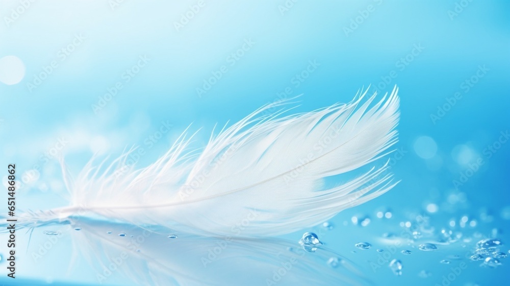 Aufkleber white light airy soft bird feather with transparent fresh drops of water on turquoise blue backgroun