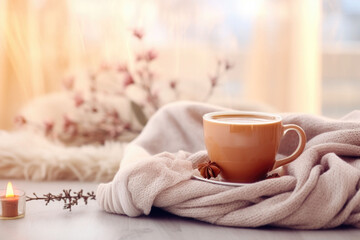 Home winter composition with mug and knitted textile on a blurred background with a garland....