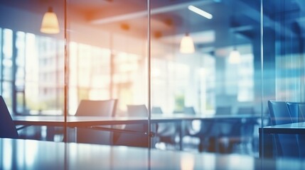 Blurred empty open space office. Abstract light bokeh at office interior background for design. : Generative AI