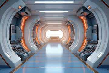 A hallway in a futuristic spaceship. Corridor inside space station. Generative AI - obrazy, fototapety, plakaty