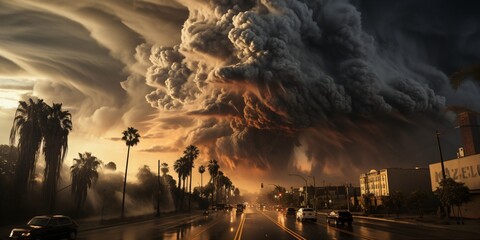 cloudy and windy storm in a city landscape, power of thunderstorm and dramatic weather in climate change