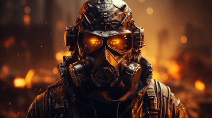 futuristic soldier with gas mask, apocalyptic burning city background in the night