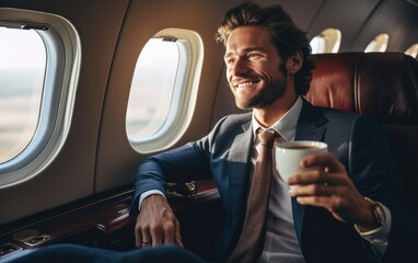 Smiling businessman holding a cup and looking at window in a private plane. Generative AI - obrazy, fototapety, plakaty