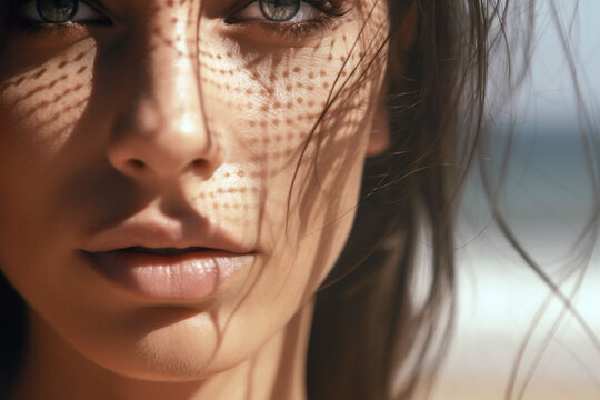 A beautiful caucasian woman with natural beauty enjoying the seaside breeze. - Powered by Adobe