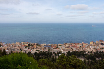 Wide beautiful aerial panorama of building and houses by the sea in Bab el Oued, Algiers, Alger,...