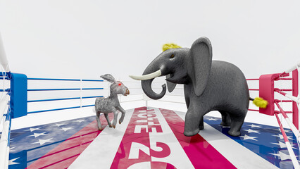 Illustration for US presidential election 2024. Election day. Vote 2024. Republican elephant and democratic donkey in the boxing ring.