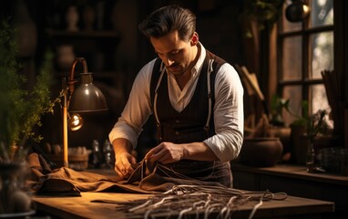 Tailor male working near wooden table in amazing atelier with antique furniture. Generative AI