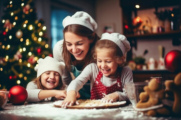 Photo of a woman and two children baking cookies together