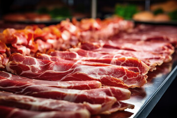 Meat processing plant. Slices of fresh bacon and mint slices on a conveyor belt in the workshop. Arrival of jamon or cold cuts. Production of pork or beef in a modern enterprise.
