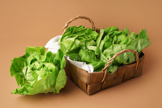 Wicker basket with fresh Boston lettuce on brown background