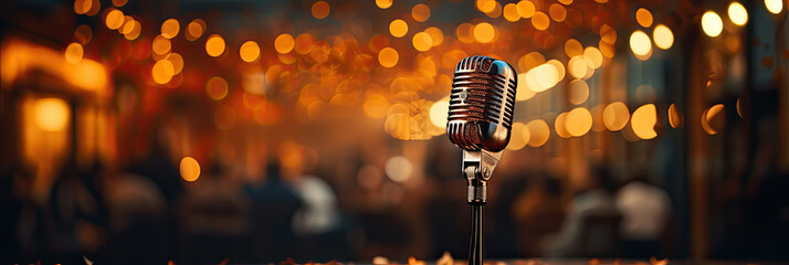 Banner with close-up of a microphone against glittering blurry autumn background - obrazy, fototapety, plakaty