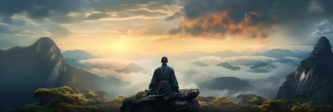 Monk meditating in the mountains, natural meditation, self-awareness.