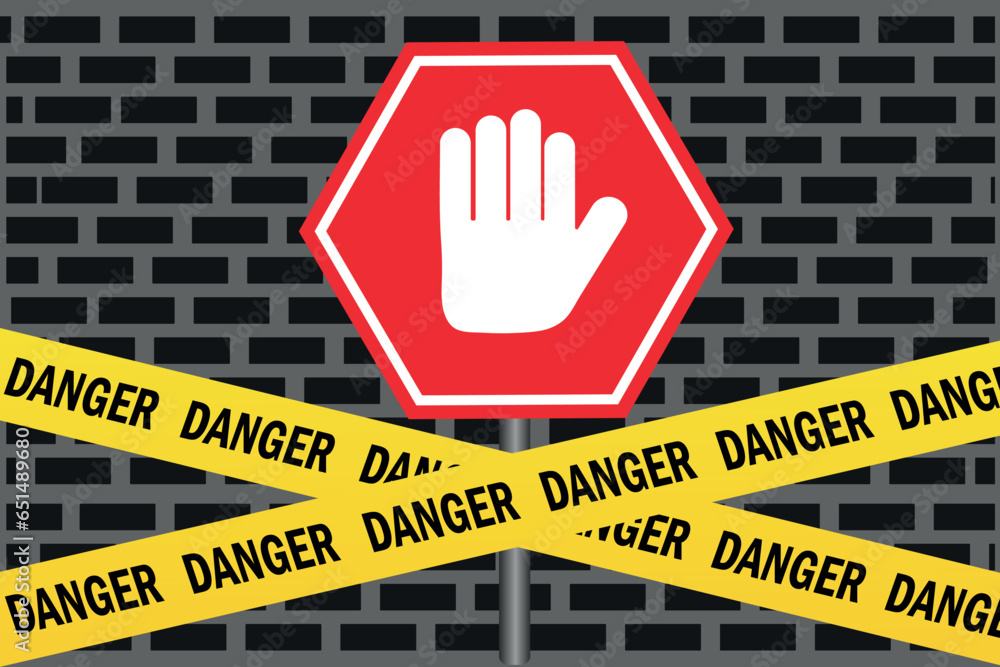 Wall mural stop. stop icon vector illustration in flat style with hazard warning tapes on bricks background. st