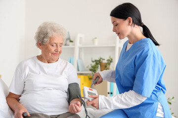 Female nurse measuring blood pressure of senior woman in bedroom