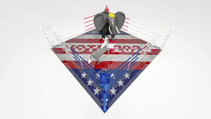 Illustration for US presidential election 2024. Election day. Vote 2024. Republican elephant and democratic donkey in the boxing ring.