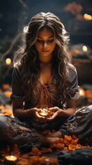 Young Indian girl doing meditation in tranquil forest at night with glowing lights. Indian woman finds inner peace. Spiritual connection. Meditation in nature. Portrait of magic lady. - obrazy, fototapety, plakaty
