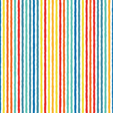 Seamless striped pattern with multicolored vertical stripes on a white background. Irregular lines with jagged edges. Summer vintage colors. Geometric trendy texture. Vector illustration. 