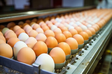 Chicken eggs move along a conveyor in a poultry farm. Food industry concept, chicken egg production. Lots of brown and white chicken eggs.