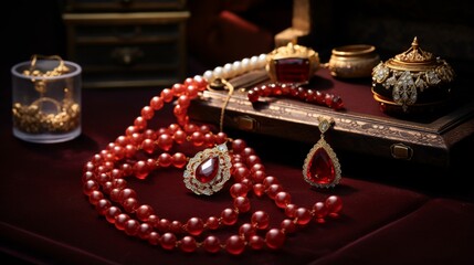 Fototapeta na wymiar A Close-Up of a Precious Jewelry assemble: Necklace, Bracelet, Earrings, and Red Amulets, Luxurious High-End Accessories