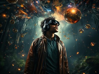 Man standing with virtual reality goggles and background, in the style of cosmic, photorealistic scenes, hyper-realistic atmospheres, hyper-realistic depiction of outer space