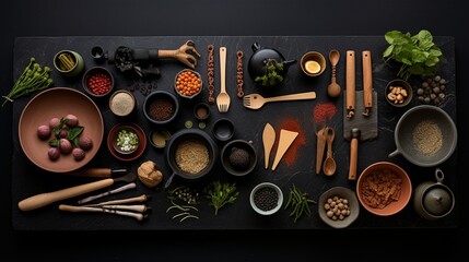 A collection of Asian kitchen chef accessories is neatly arranged on a black stone table