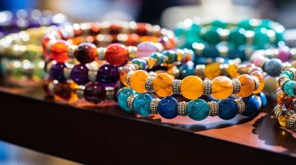 A Collection of Colorful Bracelets Featuring an Array of Precious Stones, Beautifully Arranged on a Stand at jewelry store counter
