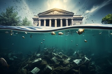 Bank crisis with financial instability as banks drown in overwhelming debt as a vivid illustration - obrazy, fototapety, plakaty