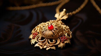A detailed close-Up of a gold nacklace housed in a vibrant Red Box from the Collection