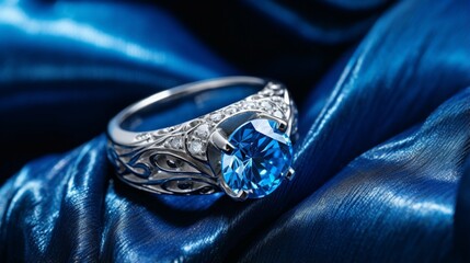 A Detailed Close-Up of a silver Ring placed in a beautiful blue Box from the Collection