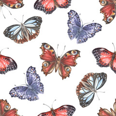 Watercolor seamless pattern with beautiful butterflies.