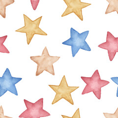 Cute watercolor seamless pattern with colorful stars . Delicate background for wrapping paper, children's textiles