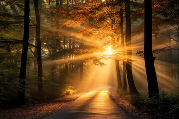 Naklejka premium view landscape on the roadway with autumnal maple forest and the mist, colorful autumnal on morning light.