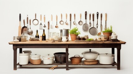 A kitchen bench and stand host an assortment of various utensils against a clean white backdrop