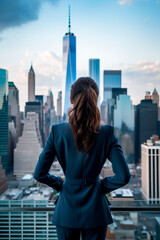 Fototapeta na wymiar Business woman looking out over a cityscape with skyscrapers. Could be a financial district. Concept of women in business and finance, and success. Shallow field of view.