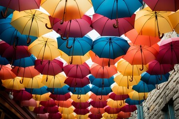 Fototapeta na wymiar A variety of open umbrellas dangle, presenting a colorful spectacle
