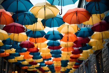 Fototapeta na wymiar A variety of open umbrellas dangle, presenting a colorful spectacle