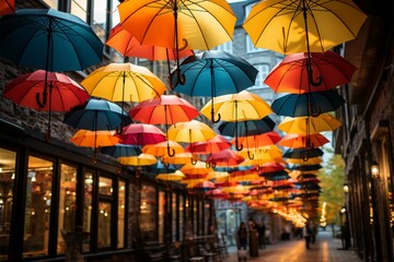 Fototapeta na wymiar Assorted open parasols adorn the display, a vivid visual delight